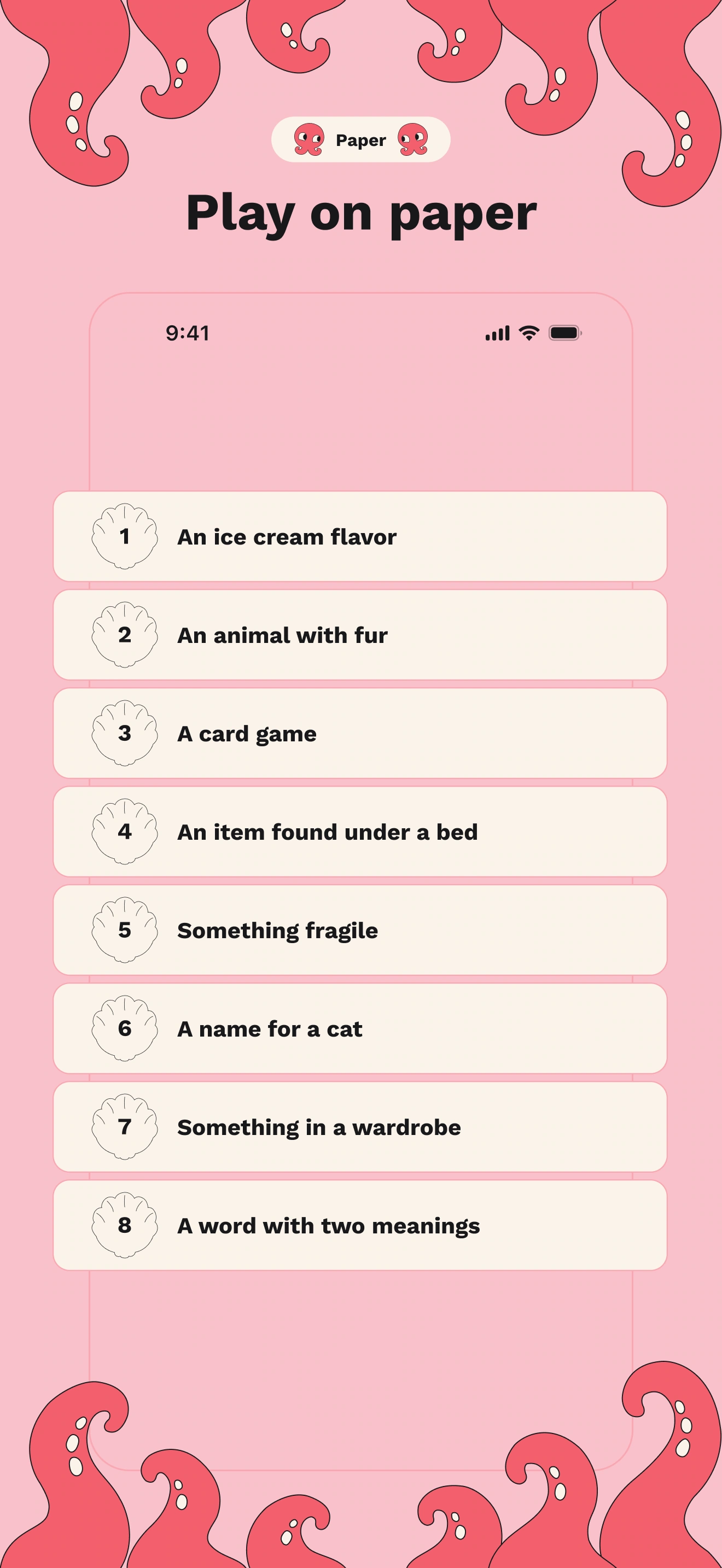 Paper preview: eight categories for a pen-and-paper word game
